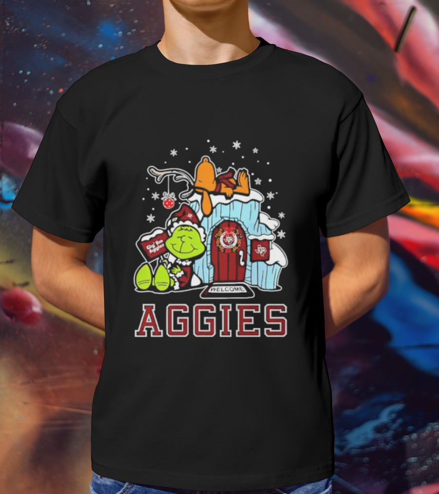 Peanuts Aggies Grinch Snoopy Christmas Hut Texas Holiday T-Shirt