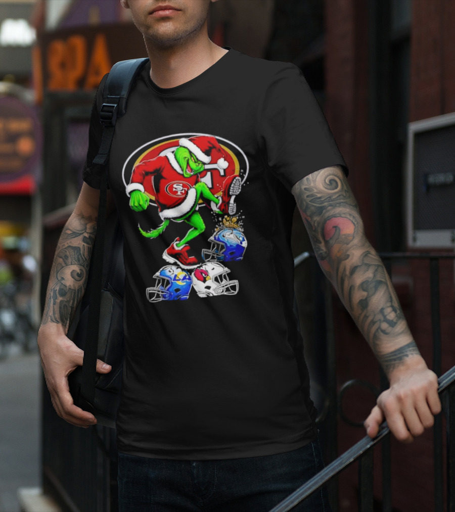 San Francisco 49ers Grinch In Santa Suit Stomps NFL Helmets Rams Cardinals Christmas T-Shirt