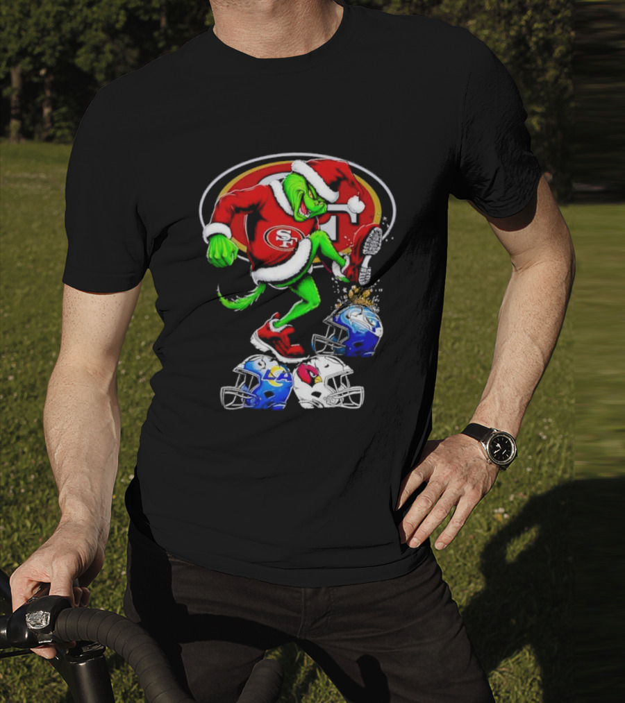 San Francisco 49ers Grinch In Santa Suit Stomps NFL Helmets Rams Cardinals Christmas T-Shirt