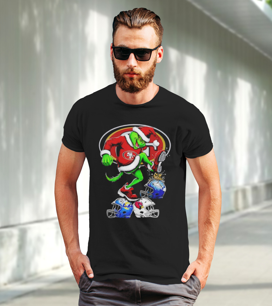 San Francisco 49ers Grinch In Santa Suit Stomps NFL Helmets Rams Cardinals Christmas T-Shirt
