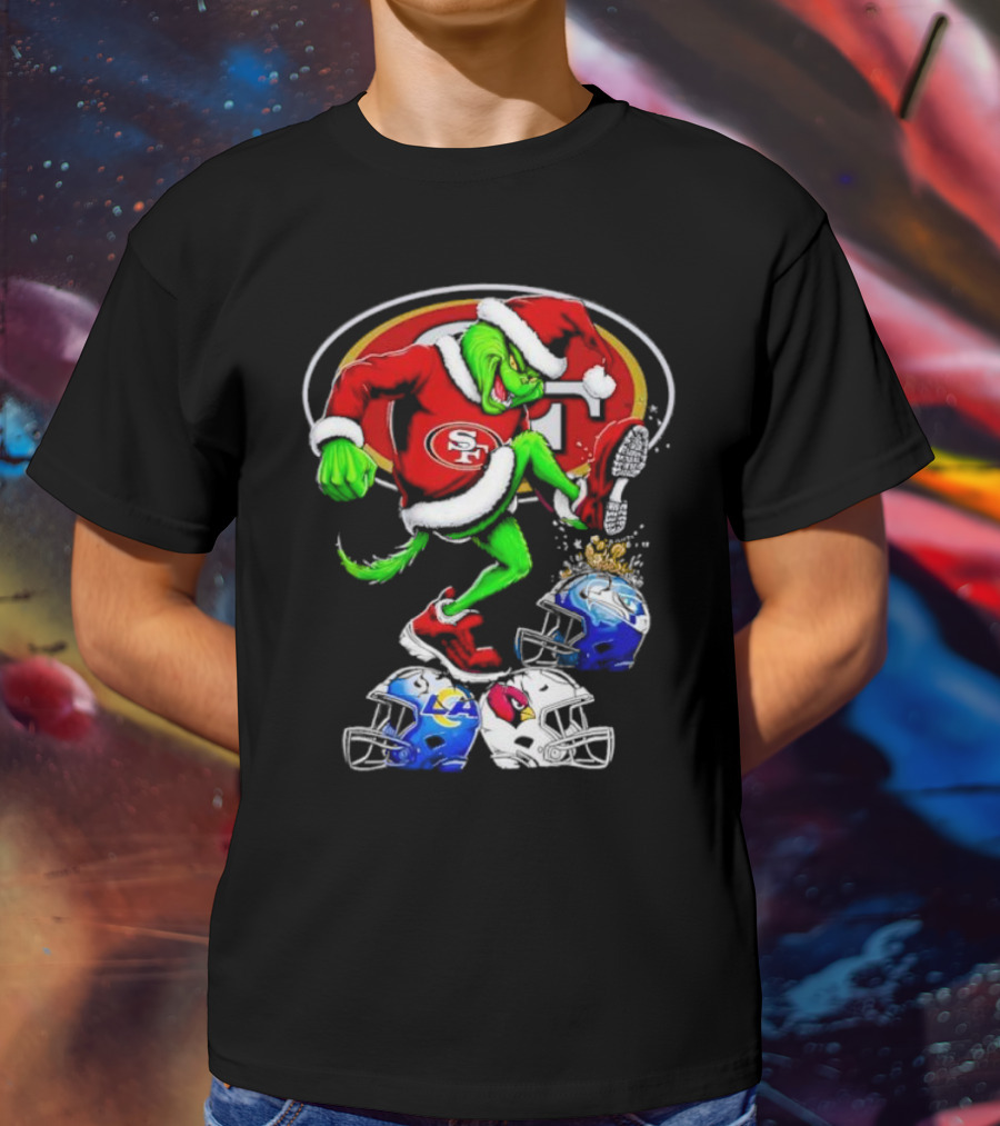 San Francisco 49ers Grinch In Santa Suit Stomps NFL Helmets Rams Cardinals Christmas T-Shirt