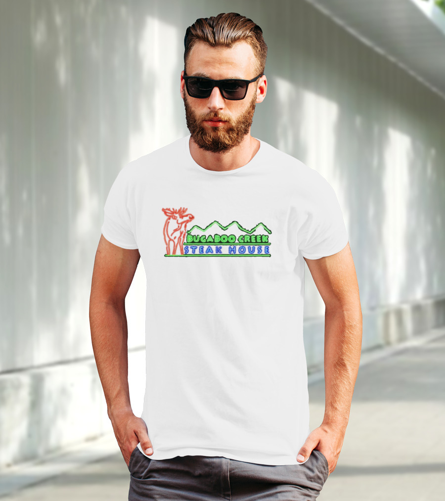 Bugaboo Creek Steakhouse Neon Logo With Moose And Mountain T-Shirt