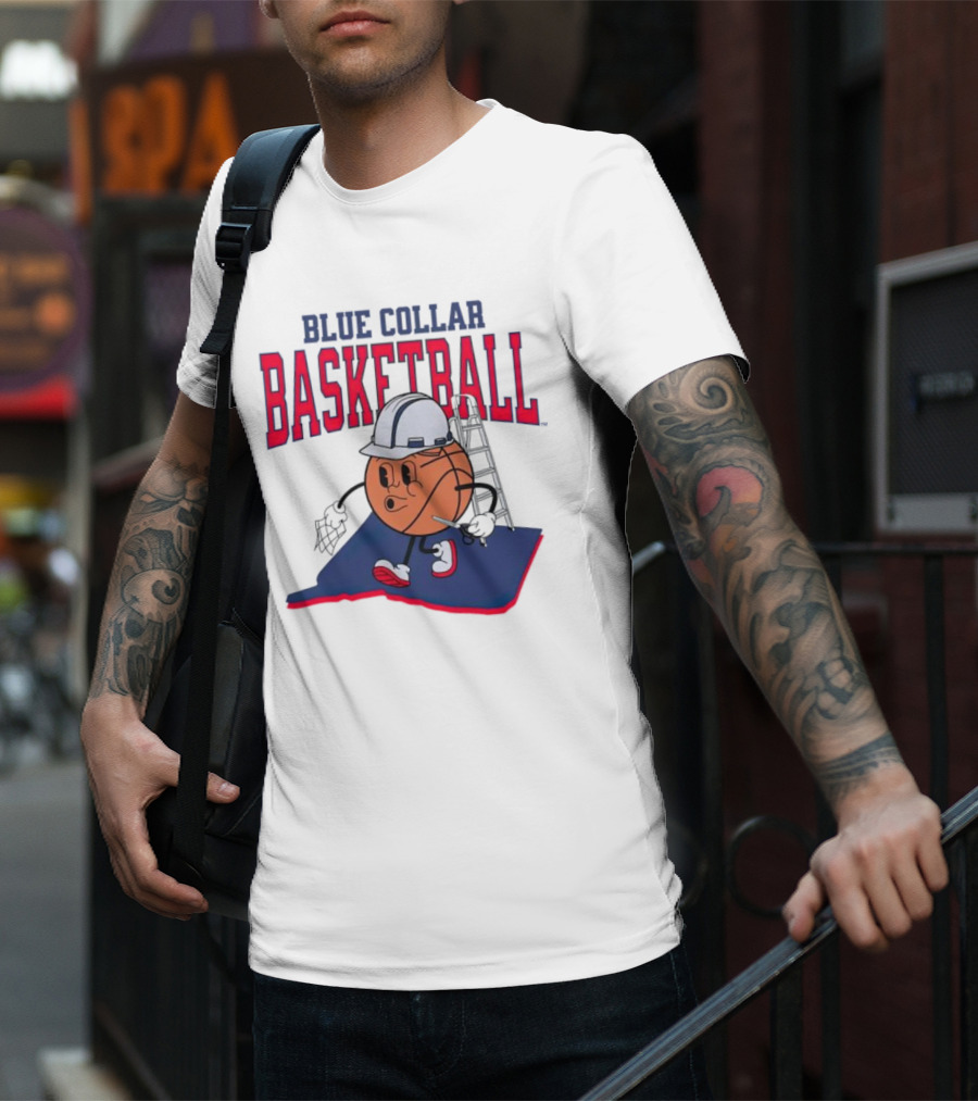 Blue Collar Basketball Hard Hat Hoop Cartoon T-Shirt