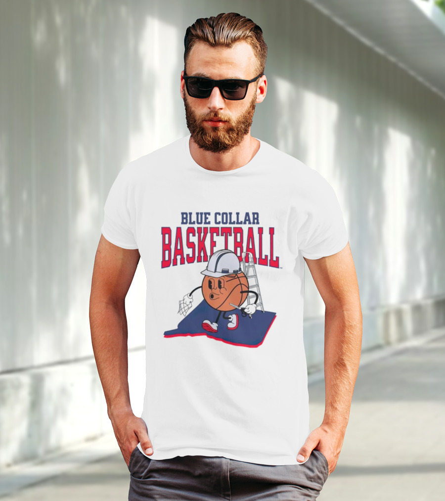 Blue Collar Basketball Hard Hat Hoop Cartoon T-Shirt