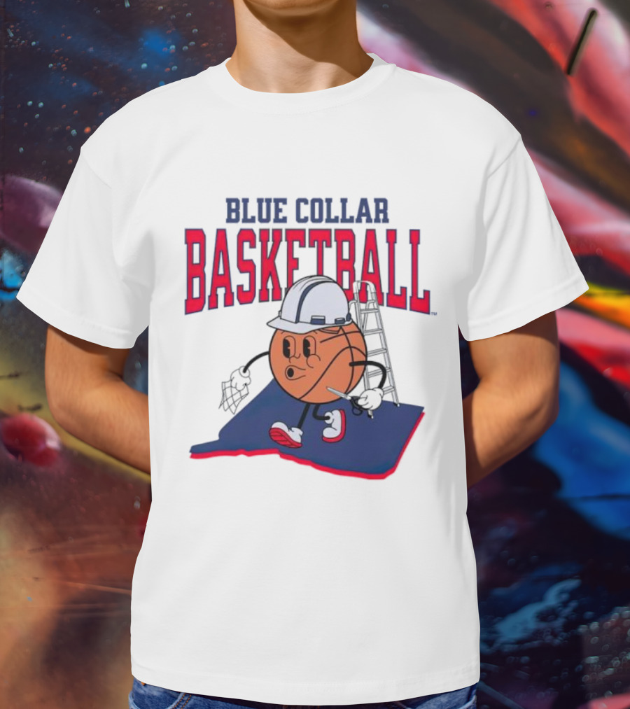 Blue Collar Basketball Hard Hat Hoop Cartoon T-Shirt