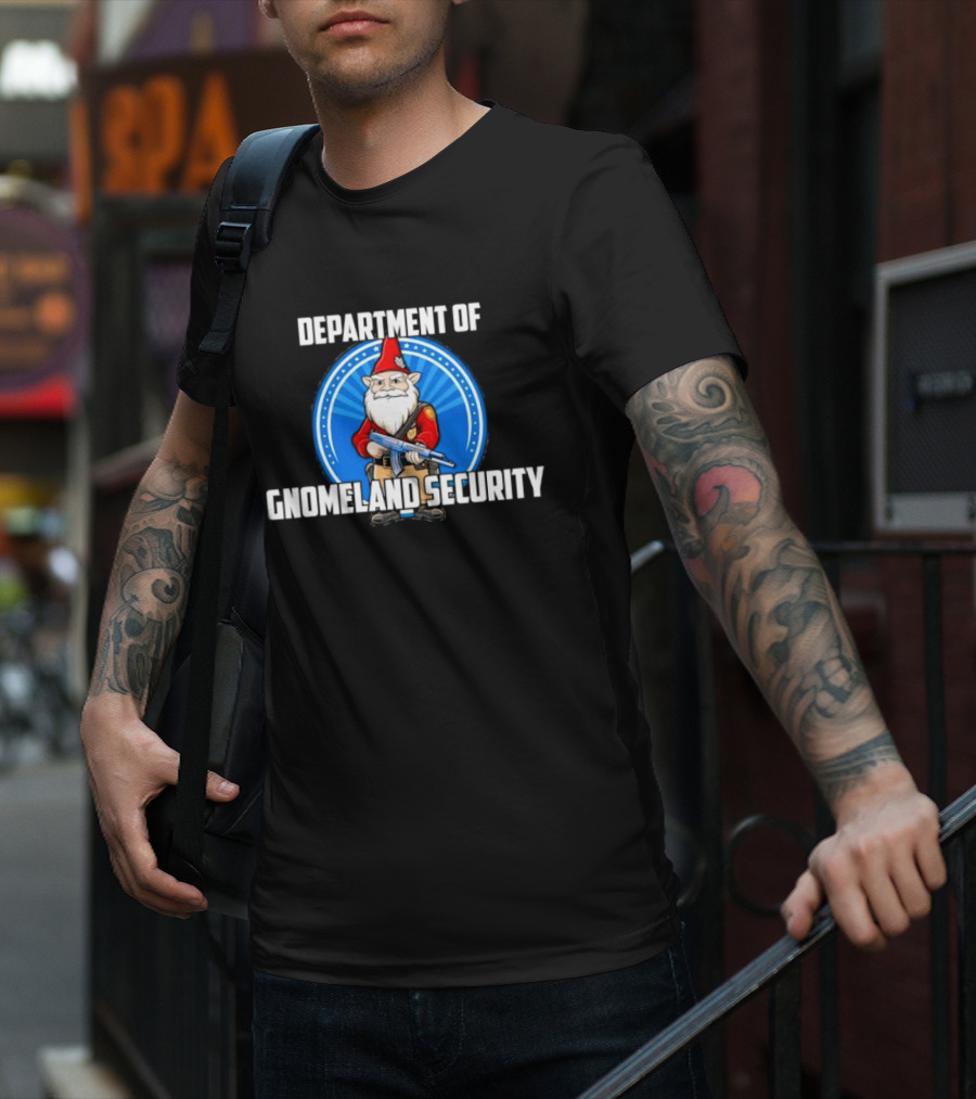 Department Of Gnomeland Security Gnome With Rifle Badge T-Shirt