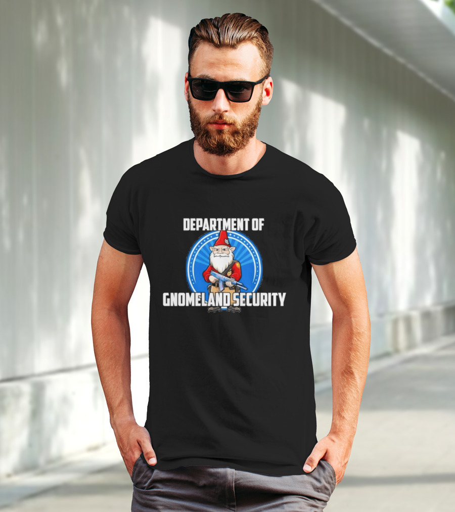 Department Of Gnomeland Security Gnome With Rifle Badge T-Shirt