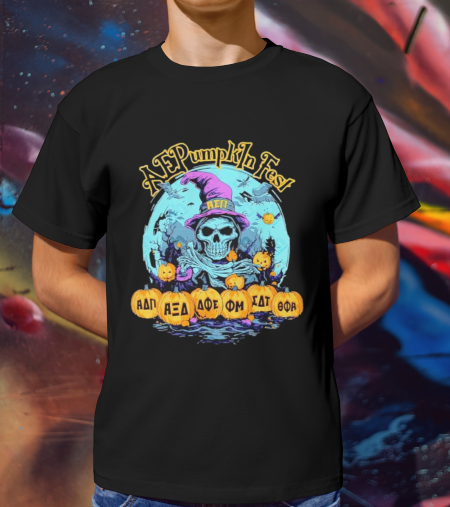 AEP Pumpkin Fest Skull With Halloween Theme And Greek Letters T-Shirt