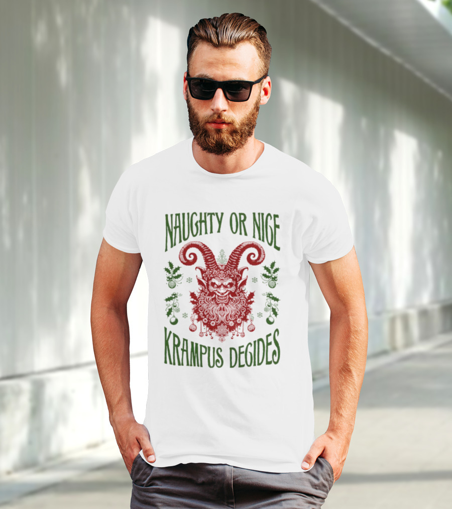 Naughty Or Nice Krampus Decides Demon With Horns And Holiday Decorations T-Shirt