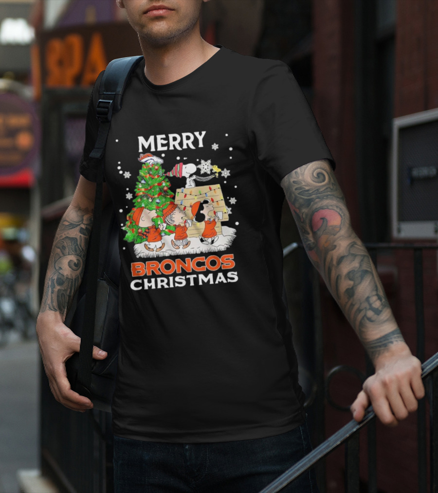 Merry Broncos Christmas Peanuts Characters T-Shirt