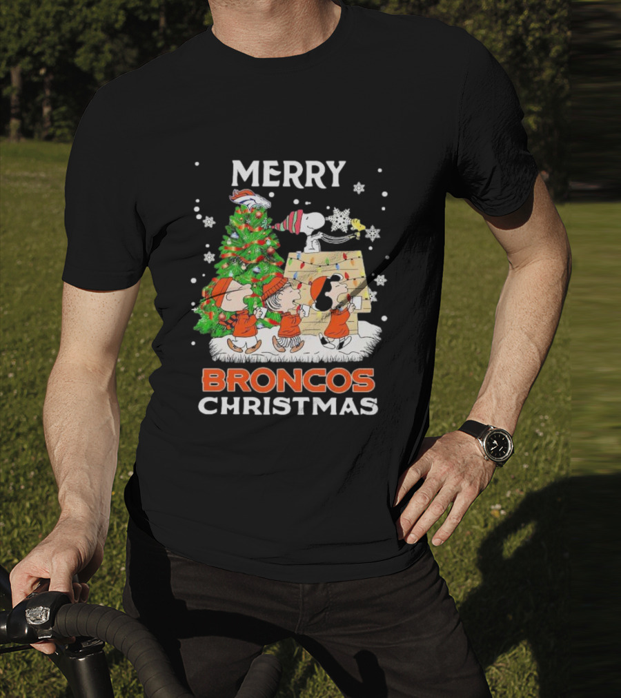 Merry Broncos Christmas Peanuts Characters T-Shirt