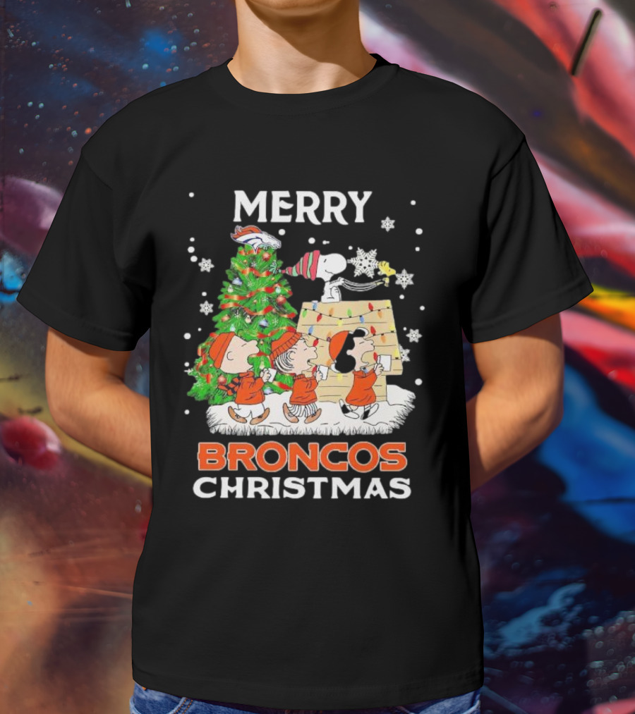 Merry Broncos Christmas Peanuts Characters T-Shirt