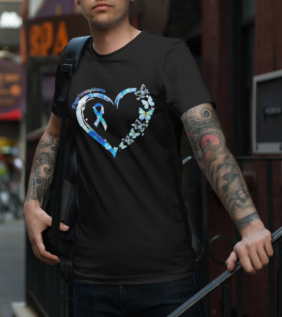 Type1Namayalars Diabetes Awareness Heart With Blue Ribbon And Butterflies T-Shirt