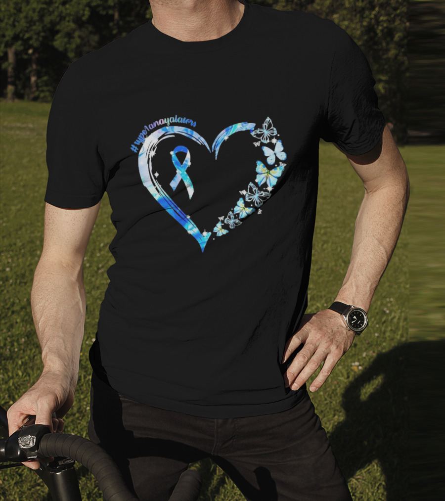 Type1Namayalars Diabetes Awareness Heart With Blue Ribbon And Butterflies T-Shirt