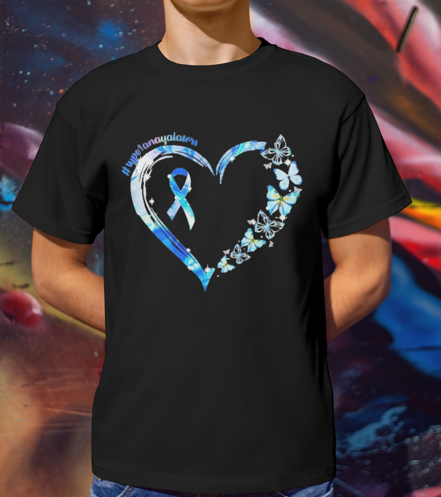Type1Namayalars Diabetes Awareness Heart With Blue Ribbon And Butterflies T-Shirt