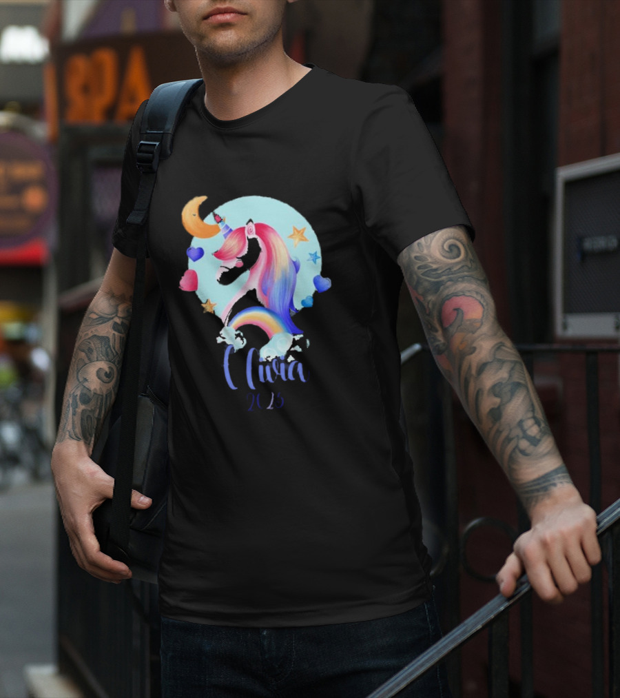 Olivia 2025 Rainbow Unicorn Hearts And Stars Christmas T-Shirt