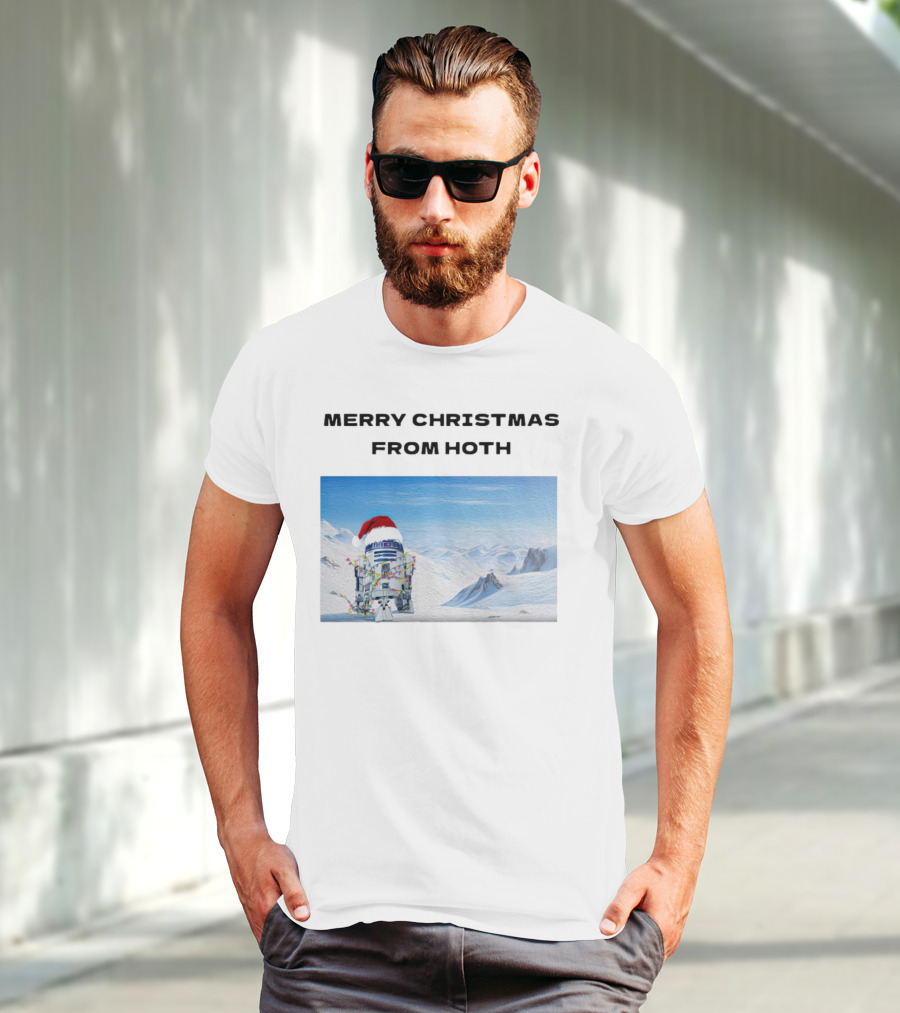 R2-D2 Merry Christmas From Hoth Santa Hat Lights Snowy Scene T-Shirt