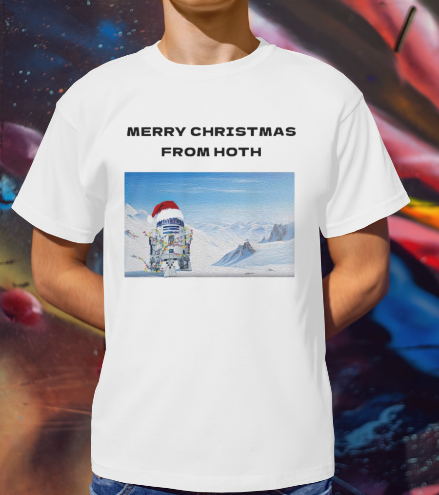 R2-D2 Merry Christmas From Hoth Santa Hat Lights Snowy Scene T-Shirt