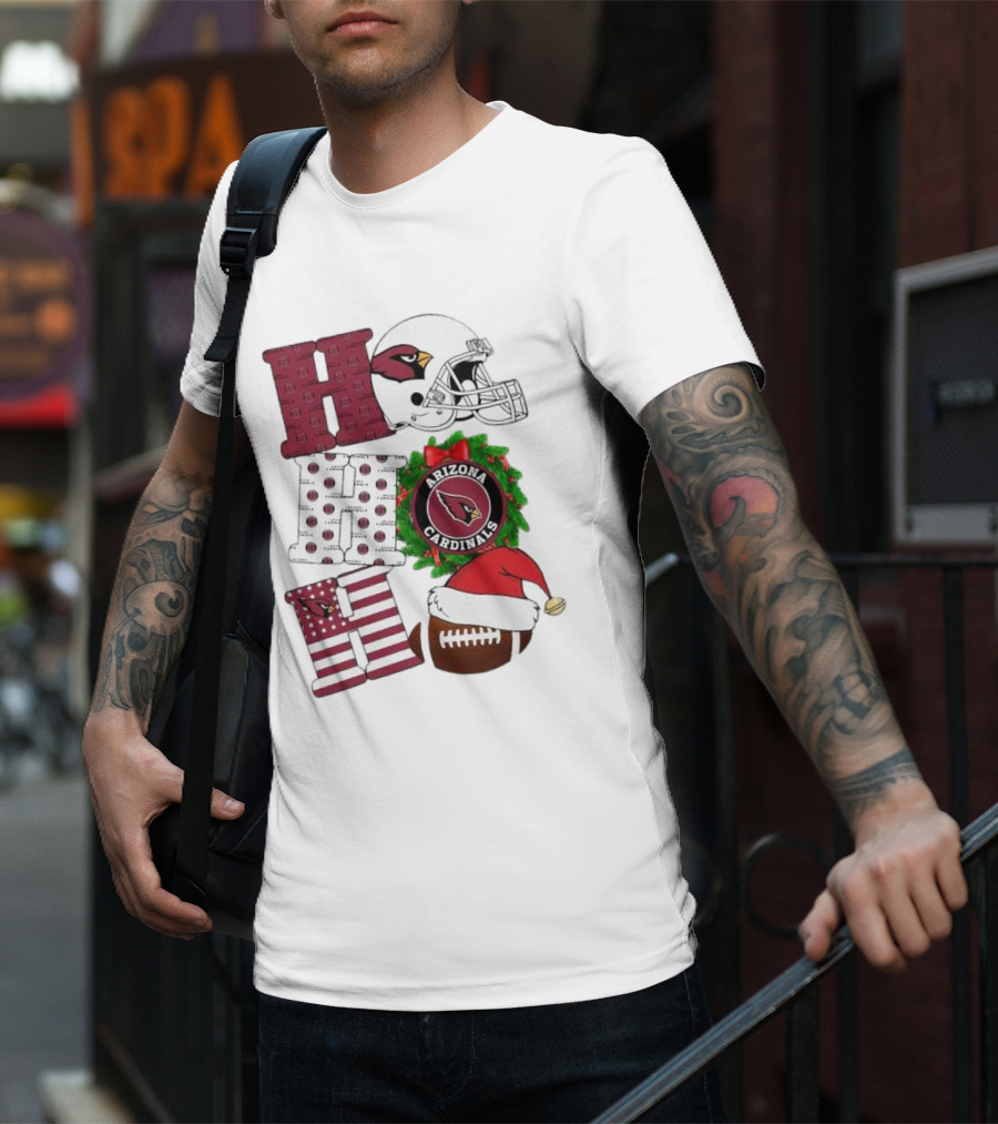 Arizona Cardinals Helmet Wreath Football Ho Ho Ho Merry Christmas T-Shirt