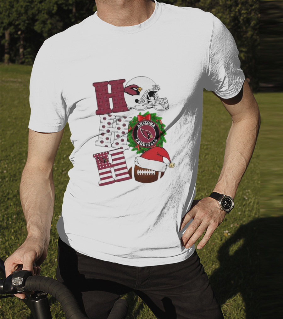 Arizona Cardinals Helmet Wreath Football Ho Ho Ho Merry Christmas T-Shirt