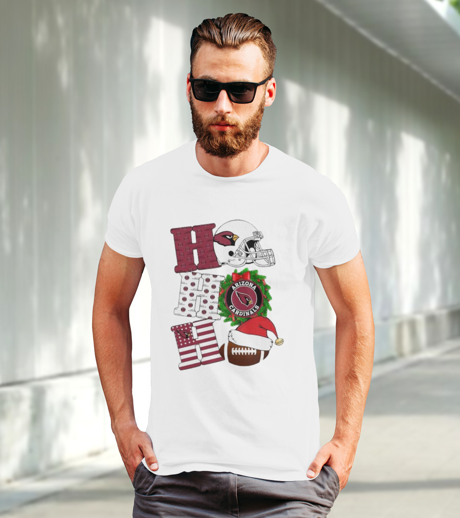 Arizona Cardinals Helmet Wreath Football Ho Ho Ho Merry Christmas T-Shirt