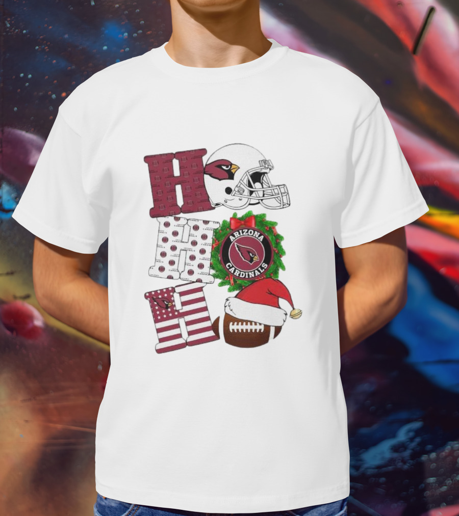Arizona Cardinals Helmet Wreath Football Ho Ho Ho Merry Christmas T-Shirt