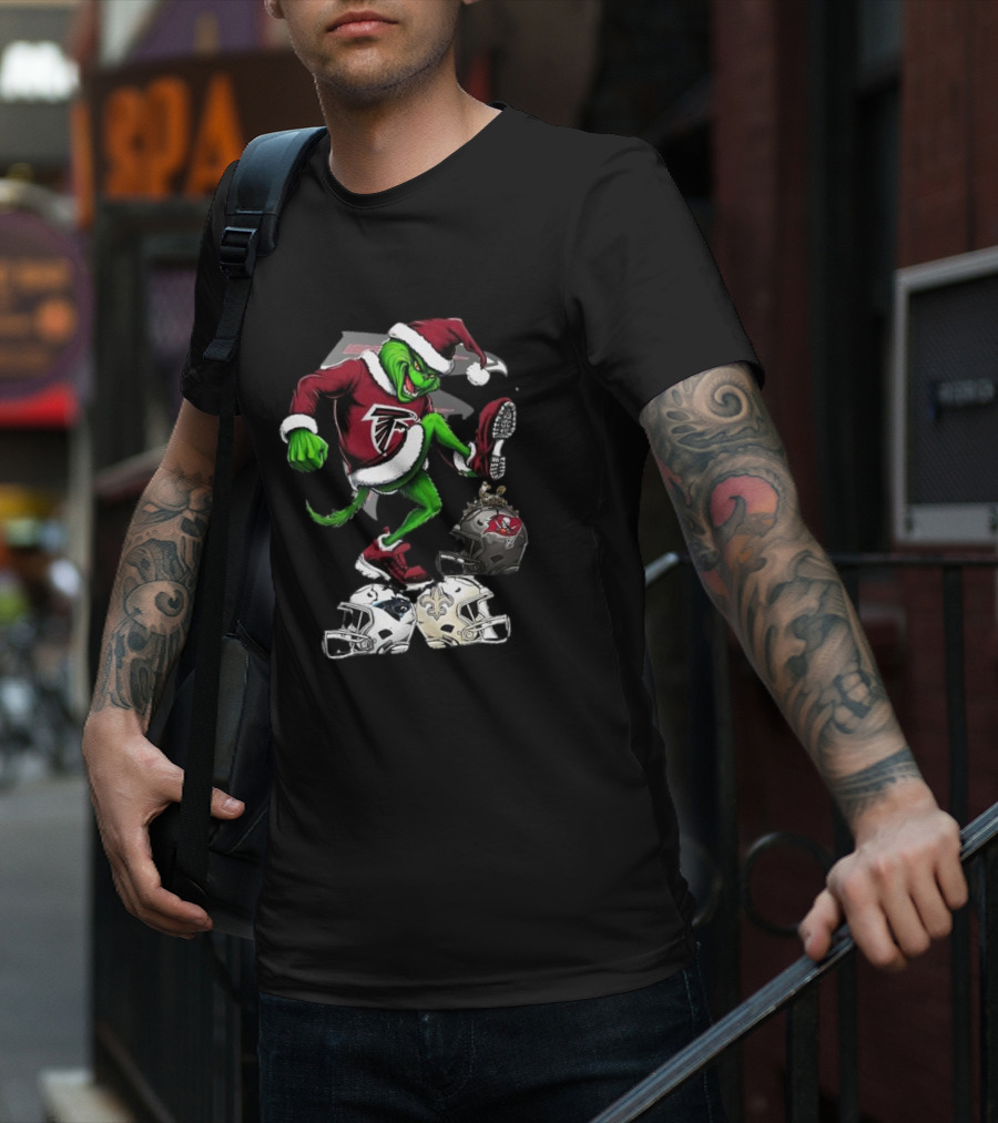 Atlanta Falcons Grinch Stomping On Rival Helmets Christmas T-Shirt