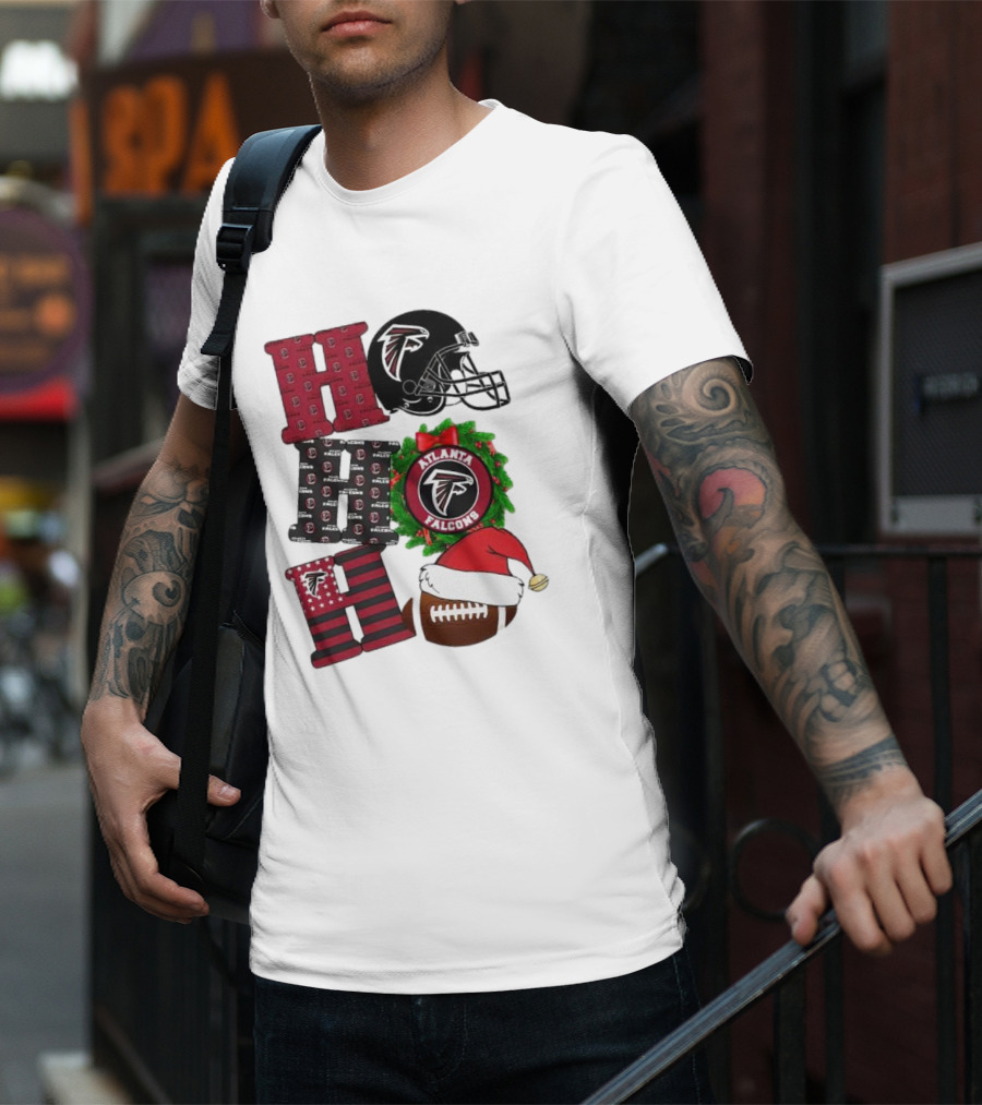 Atlanta Falcons Ho Ho Ho Merry Christmas Football Helmet Wreath Santa Hat T-Shirt