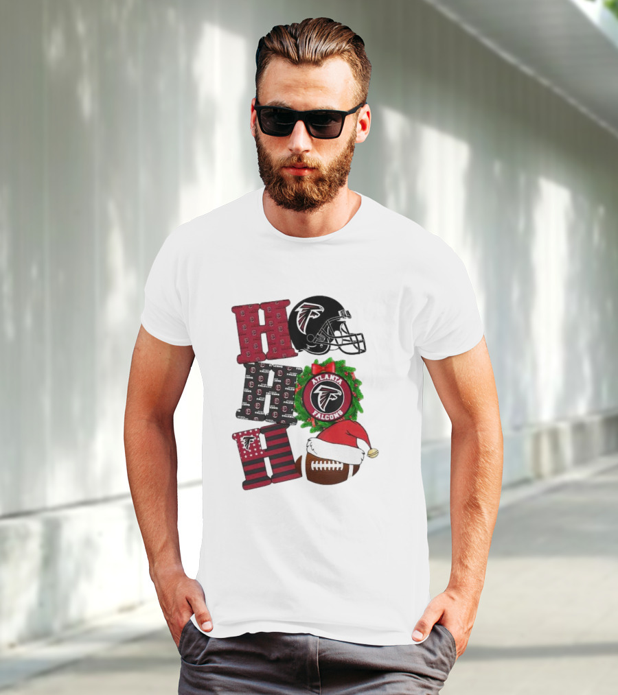 Atlanta Falcons Ho Ho Ho Merry Christmas Football Helmet Wreath Santa Hat T-Shirt