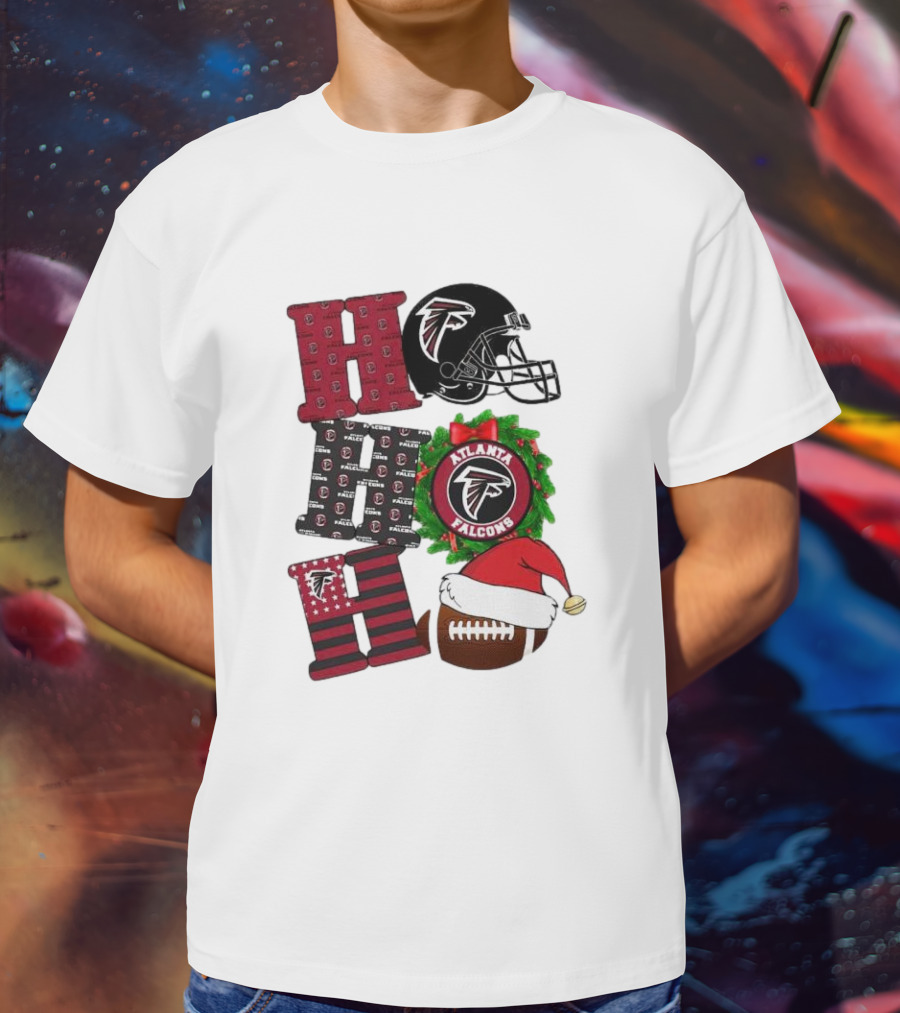 Atlanta Falcons Ho Ho Ho Merry Christmas Football Helmet Wreath Santa Hat T-Shirt
