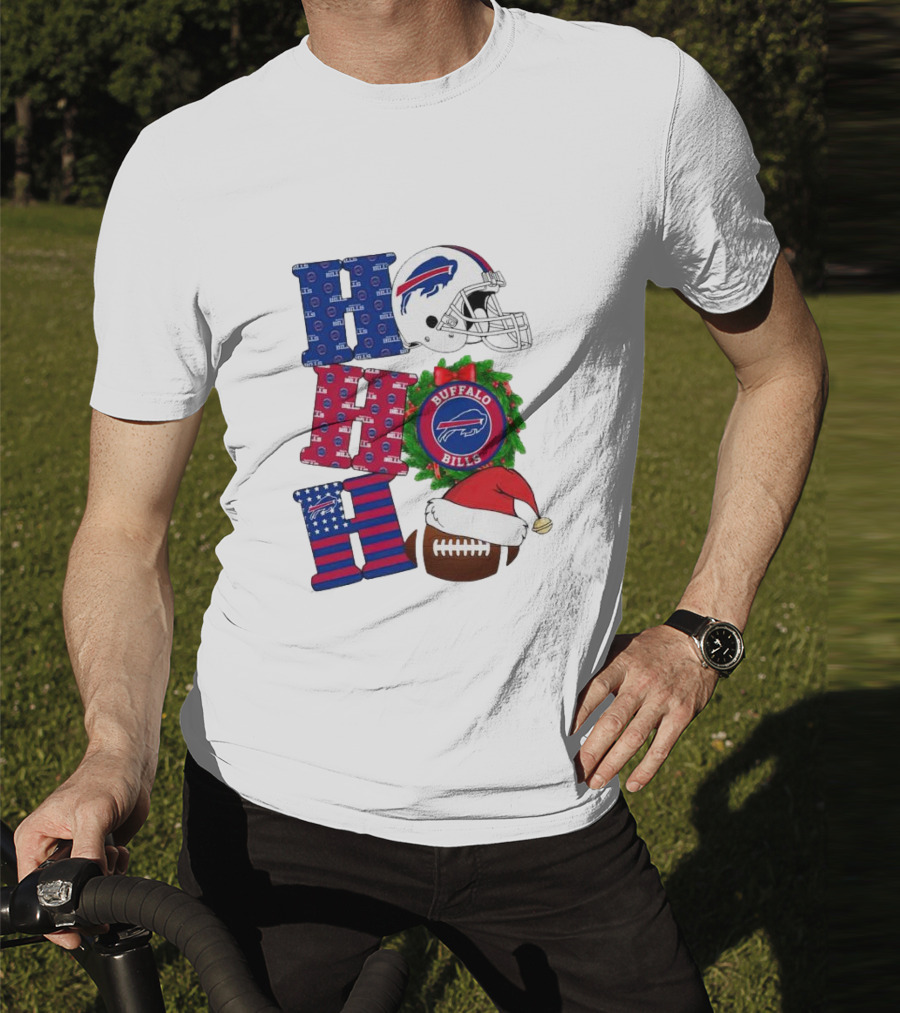 Buffalo Bills Helmet Wreath Football Santa Hat Ho Ho Ho Merry Christmas T-Shirt