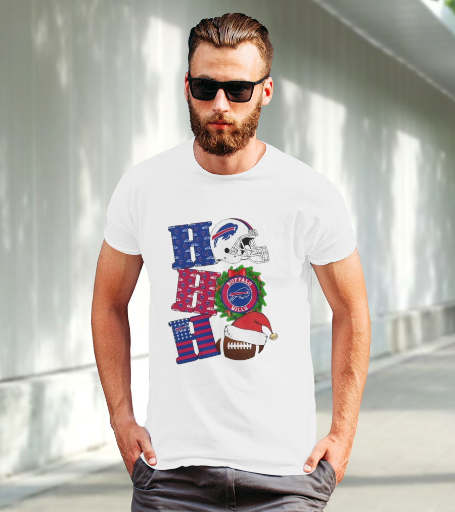 Buffalo Bills Helmet Wreath Football Santa Hat Ho Ho Ho Merry Christmas T-Shirt