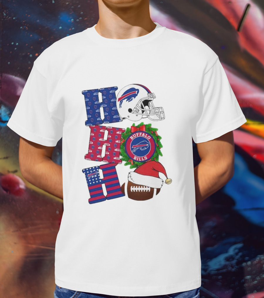Buffalo Bills Helmet Wreath Football Santa Hat Ho Ho Ho Merry Christmas T-Shirt