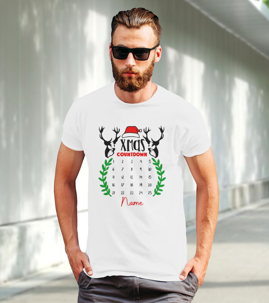 Xmas Countdown Calendar Name Custom Santa Hat Deer Antlers T-Shirt