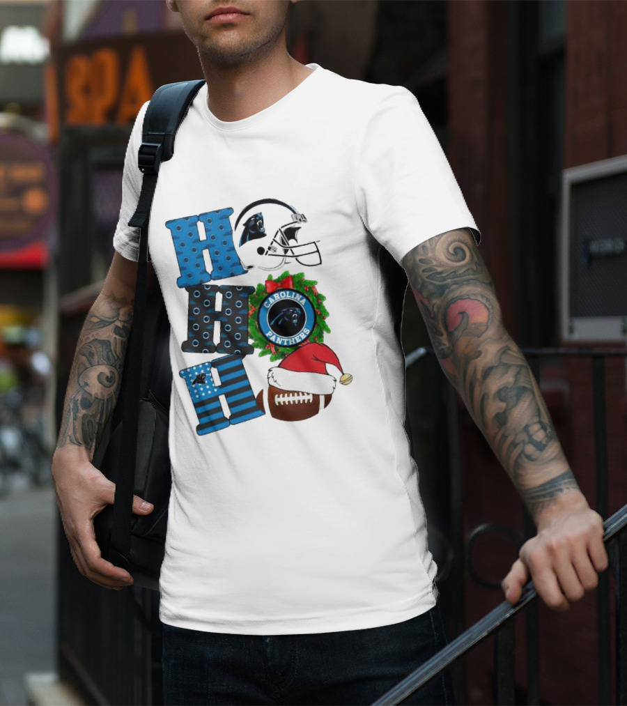Carolina Panthers Ho Ho Ho Merry Christmas Football Helmet Wreath Santa Hat T-Shirt