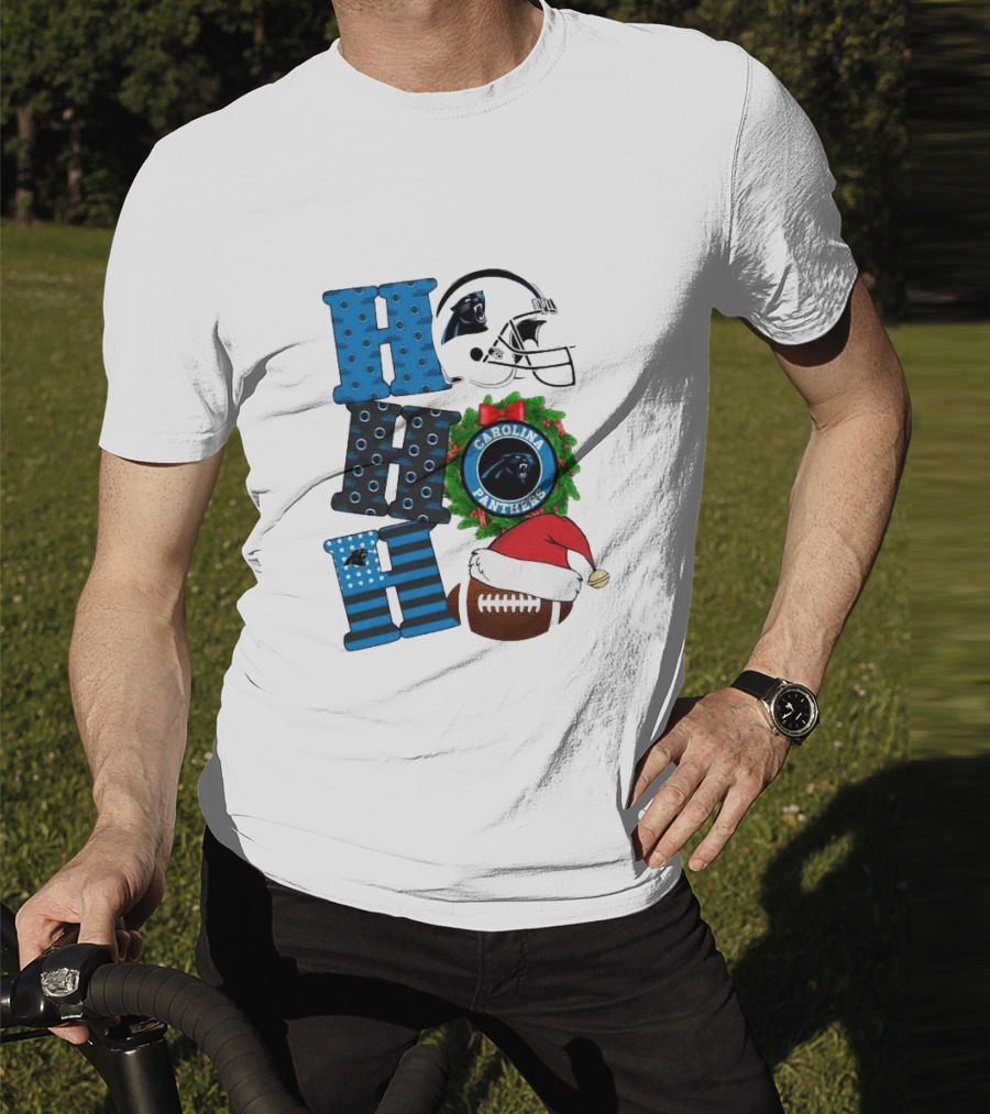 Carolina Panthers Ho Ho Ho Merry Christmas Football Helmet Wreath Santa Hat T-Shirt