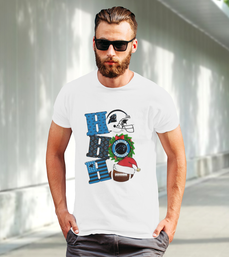 Carolina Panthers Ho Ho Ho Merry Christmas Football Helmet Wreath Santa Hat T-Shirt