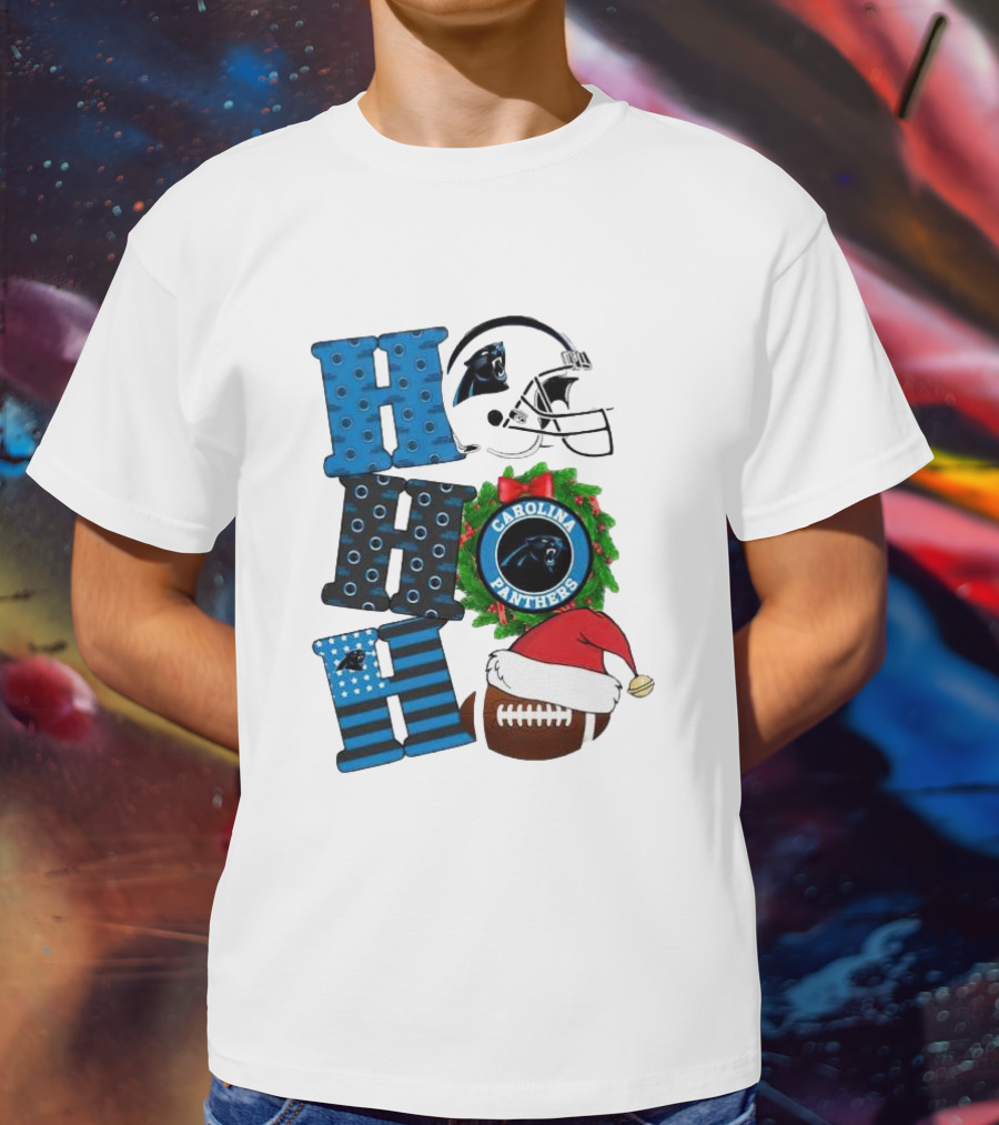 Carolina Panthers Ho Ho Ho Merry Christmas Football Helmet Wreath Santa Hat T-Shirt