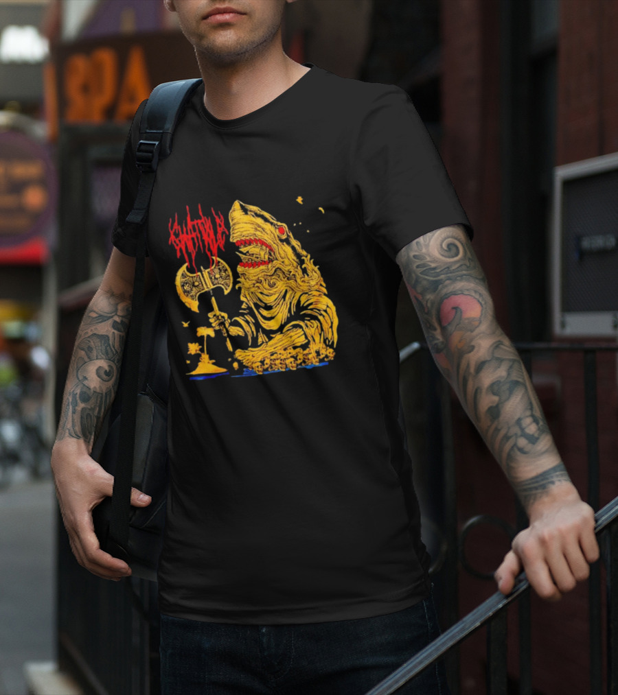 Chat Pile Shark With Axe On Tropical Beach T-Shirt