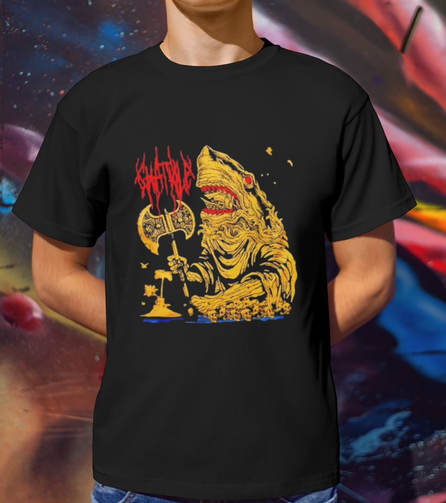 Chat Pile Shark With Axe On Tropical Beach T-Shirt