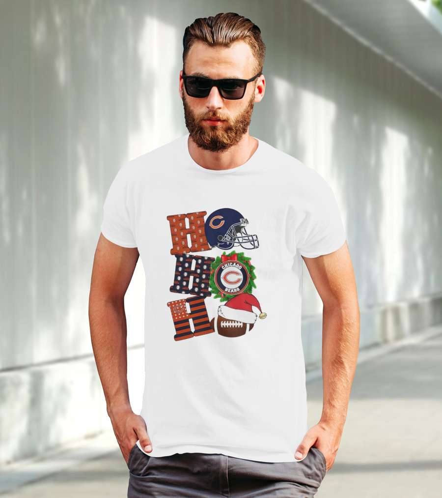Chicago Bears Ho Ho Ho Merry Christmas Football Helmet Wreath Santa Hat T-Shirt