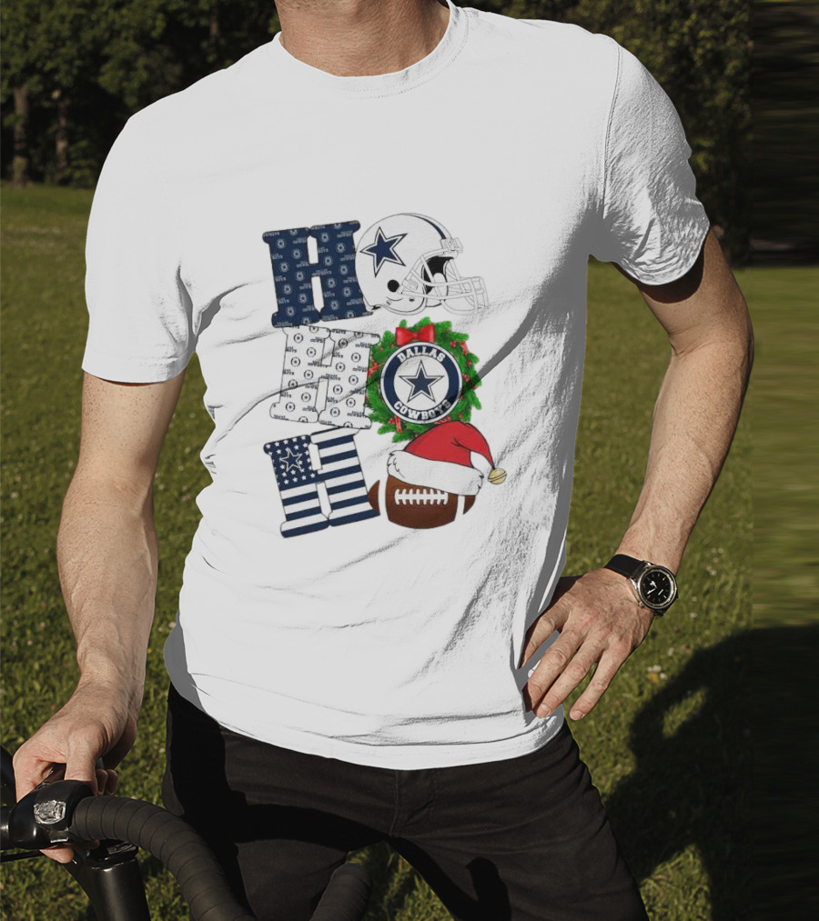Dallas Cowboys Helmet Wreath Football Christmas Ho Ho Ho Merry Christmas T-Shirt