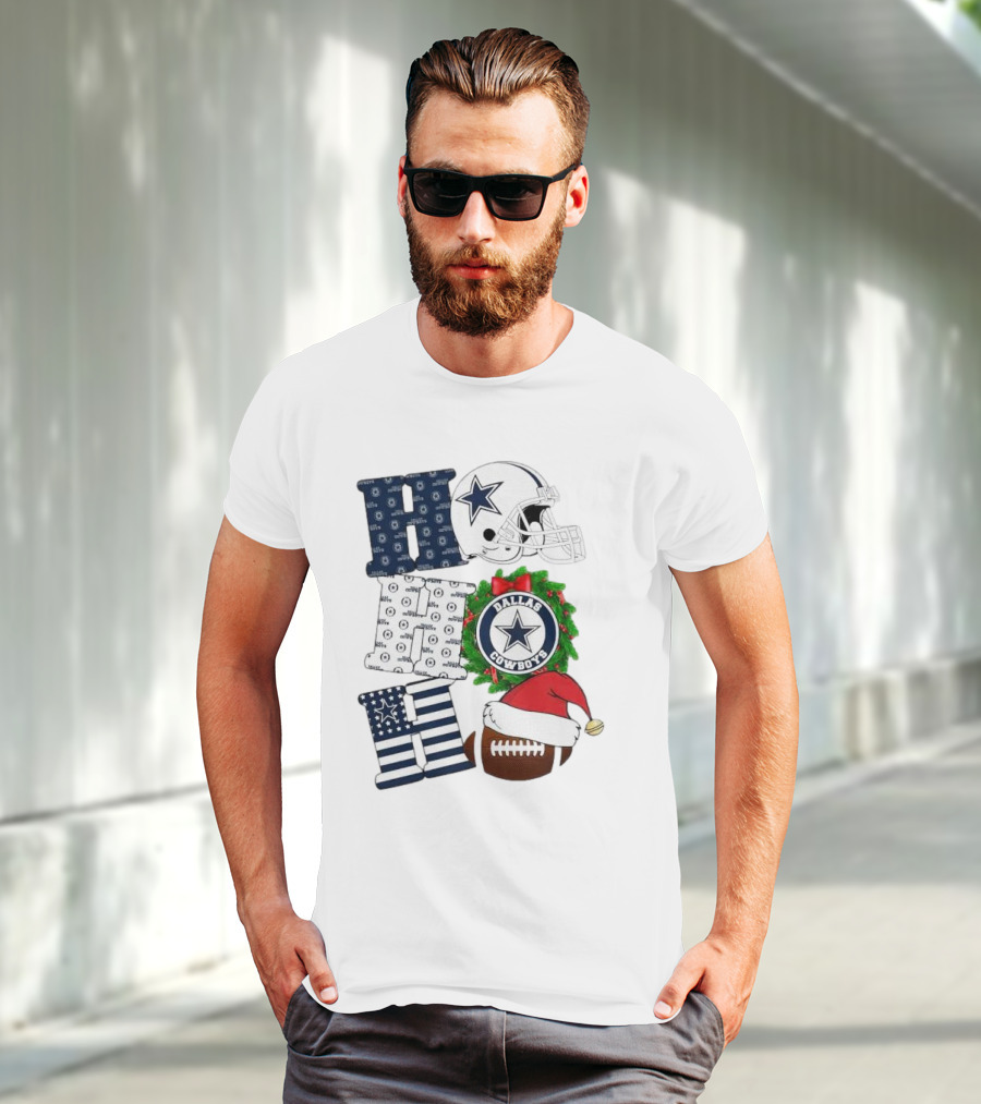 Dallas Cowboys Helmet Wreath Football Christmas Ho Ho Ho Merry Christmas T-Shirt