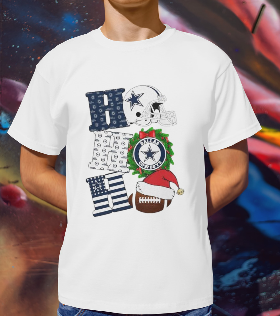 Dallas Cowboys Helmet Wreath Football Christmas Ho Ho Ho Merry Christmas T-Shirt