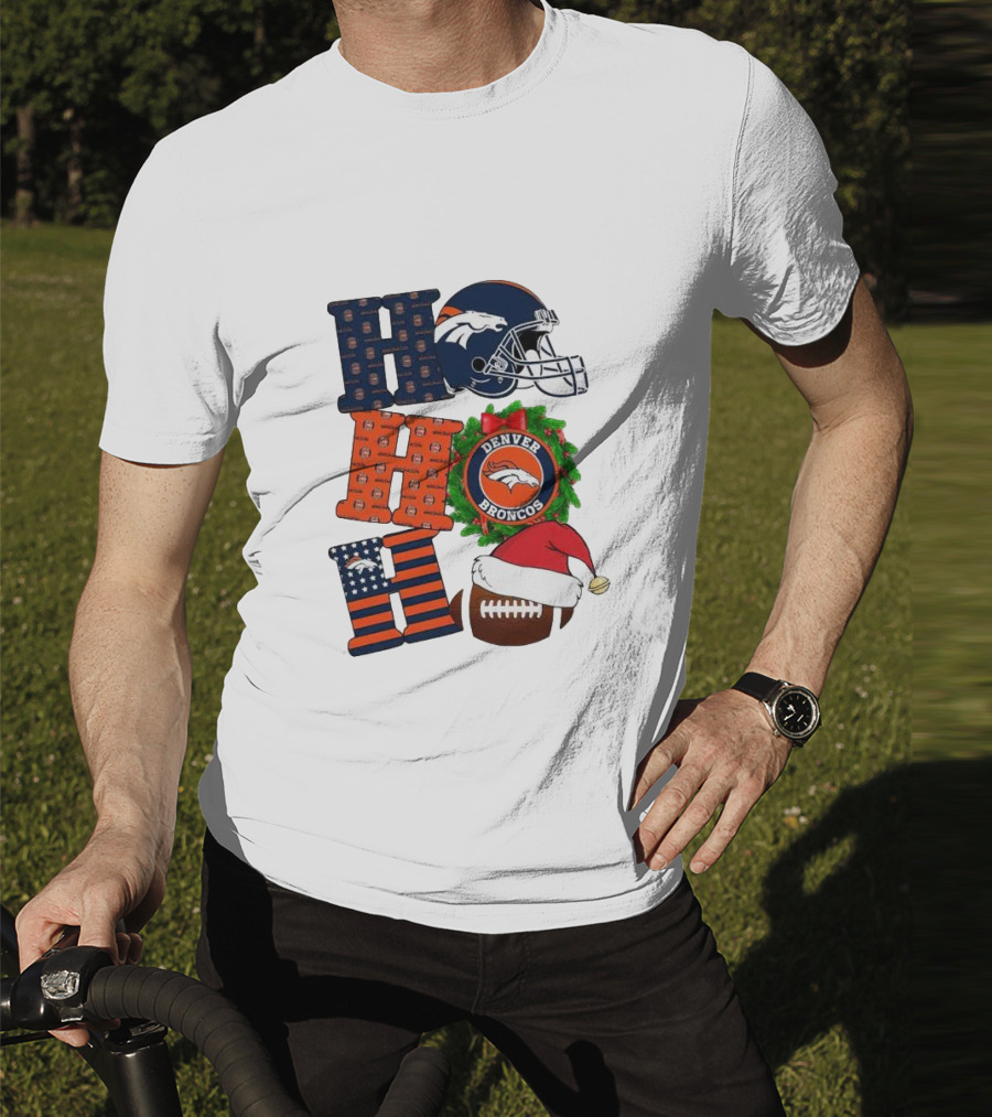 Denver Broncos Ho Ho Ho Merry Christmas Football Helmet Wreath Santa Hat Holiday T-Shirt