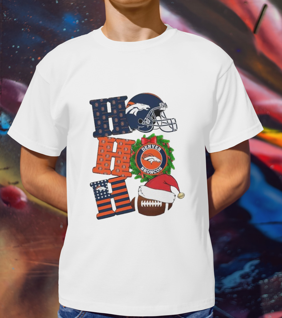 Denver Broncos Ho Ho Ho Merry Christmas Football Helmet Wreath Santa Hat Holiday T-Shirt