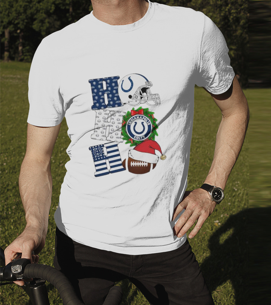 Indianapolis Colts Ho Ho Ho Merry Christmas Football Festive Logo Helmet Wreath Santa Hat T-Shirt