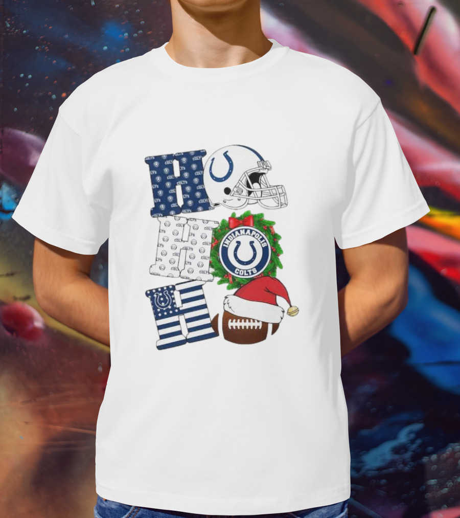 Indianapolis Colts Ho Ho Ho Merry Christmas Football Festive Logo Helmet Wreath Santa Hat T-Shirt