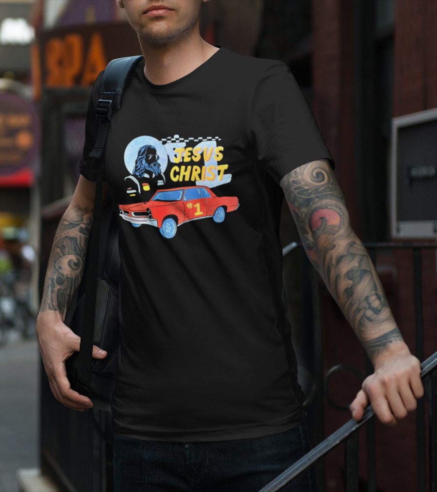 Jesus Christ Racing Champion With Red Car And Checkered Flag T-Shirt
