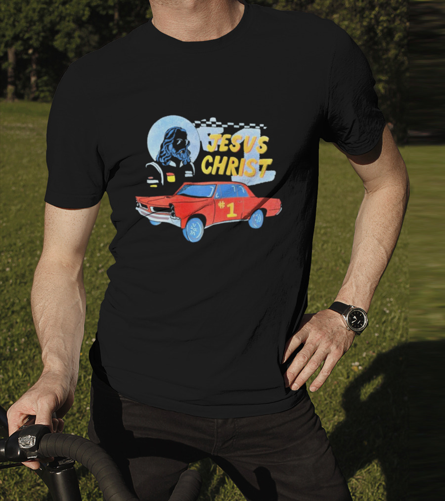 Jesus Christ Racing Champion With Red Car And Checkered Flag T-Shirt